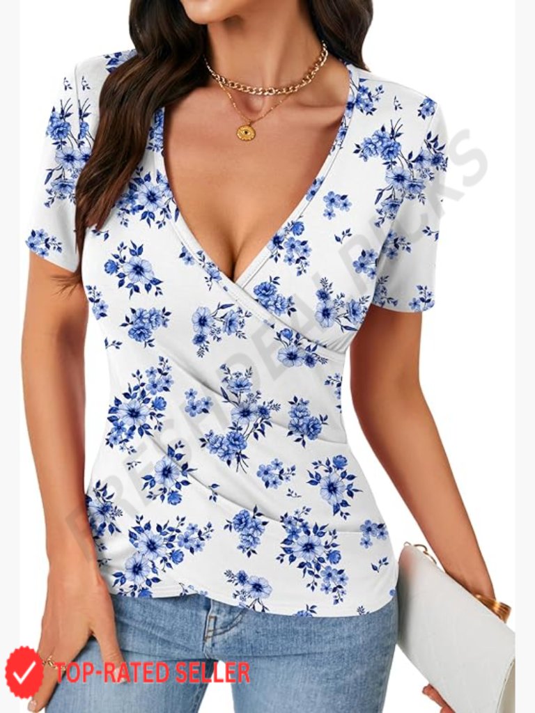 Deep V Neck Wrap Ruched Slim Fit Tee Short Sleeve Casual Blouse